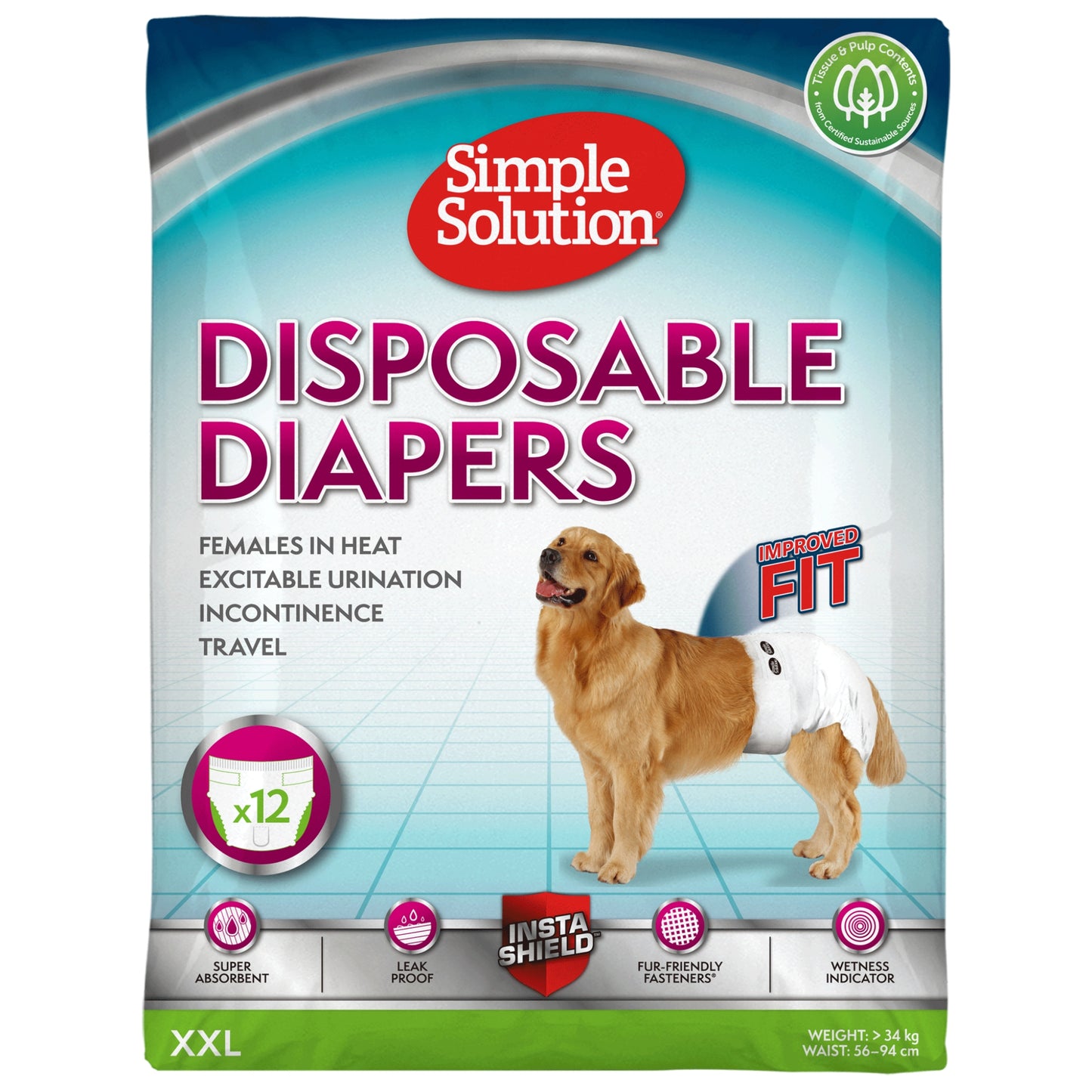 Simple Solution Disposable Dog Diapers – Pack of 12 Pads - Rufftail