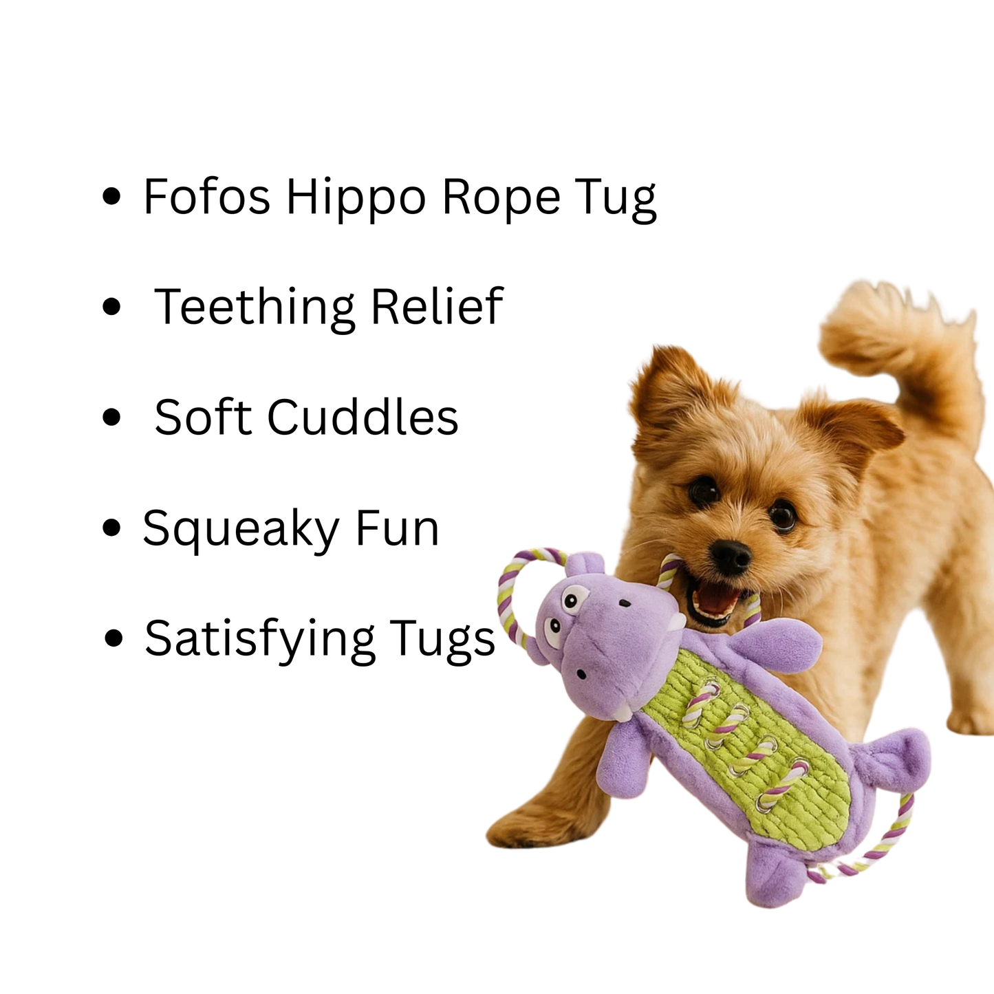 FOFOS Dog Toy Hippo Rope Tug - Soft & Squeaky - Rufftail