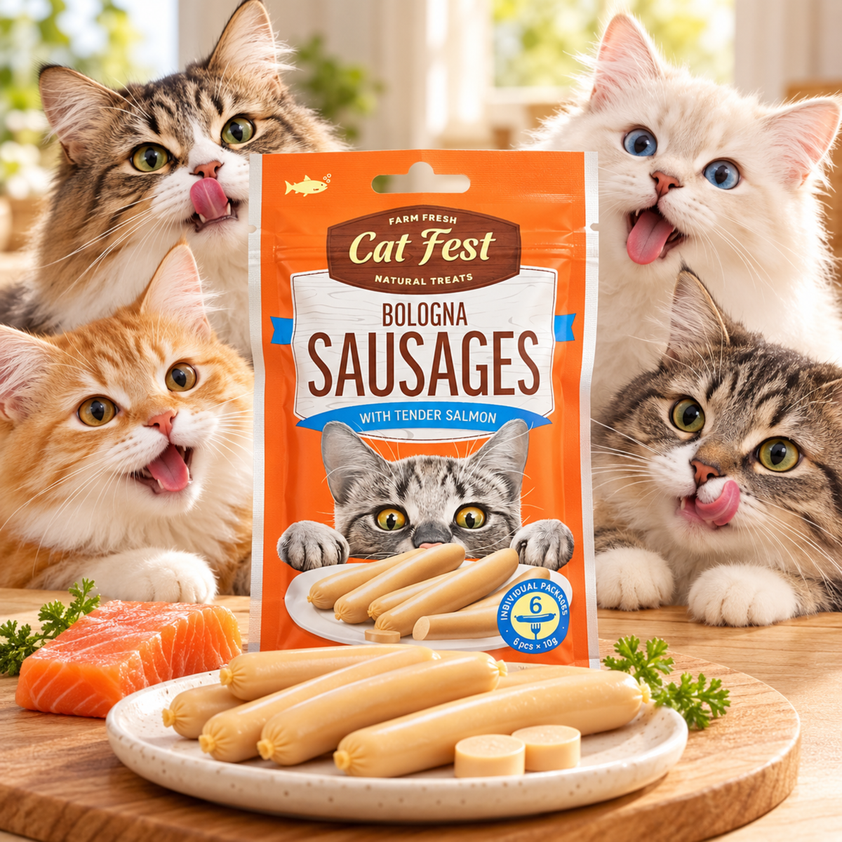 Cat Fest Bologna Sausages with Tender Salmon – Cat Treats (10g x 6pcs)