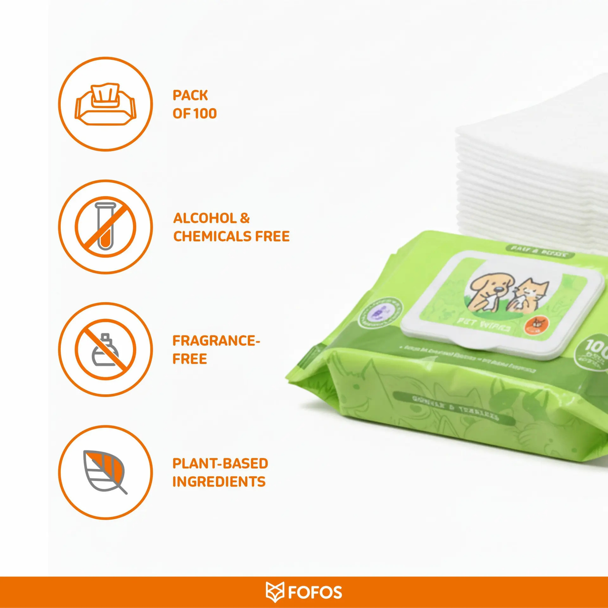 FOFOS Paw & Nose Pet Wipes – Gentle & Tearless Cleaning Wipes for Dogs & Cats (100 Wipes)