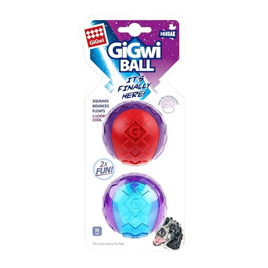 GiGwi Squeaky Dog Ball - Blue, Red, Orange, Medium (Pack of 2)