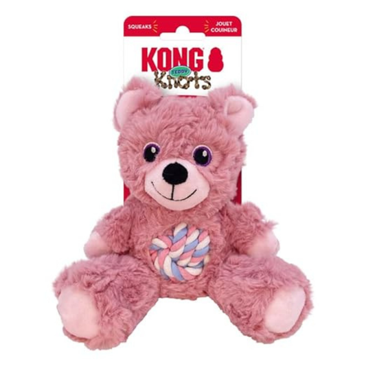 KONG Knots Teddy Bear - Knotted Rope Tummy & Tail Soft Plush & Squeaky Dog Toy Pink (Small)