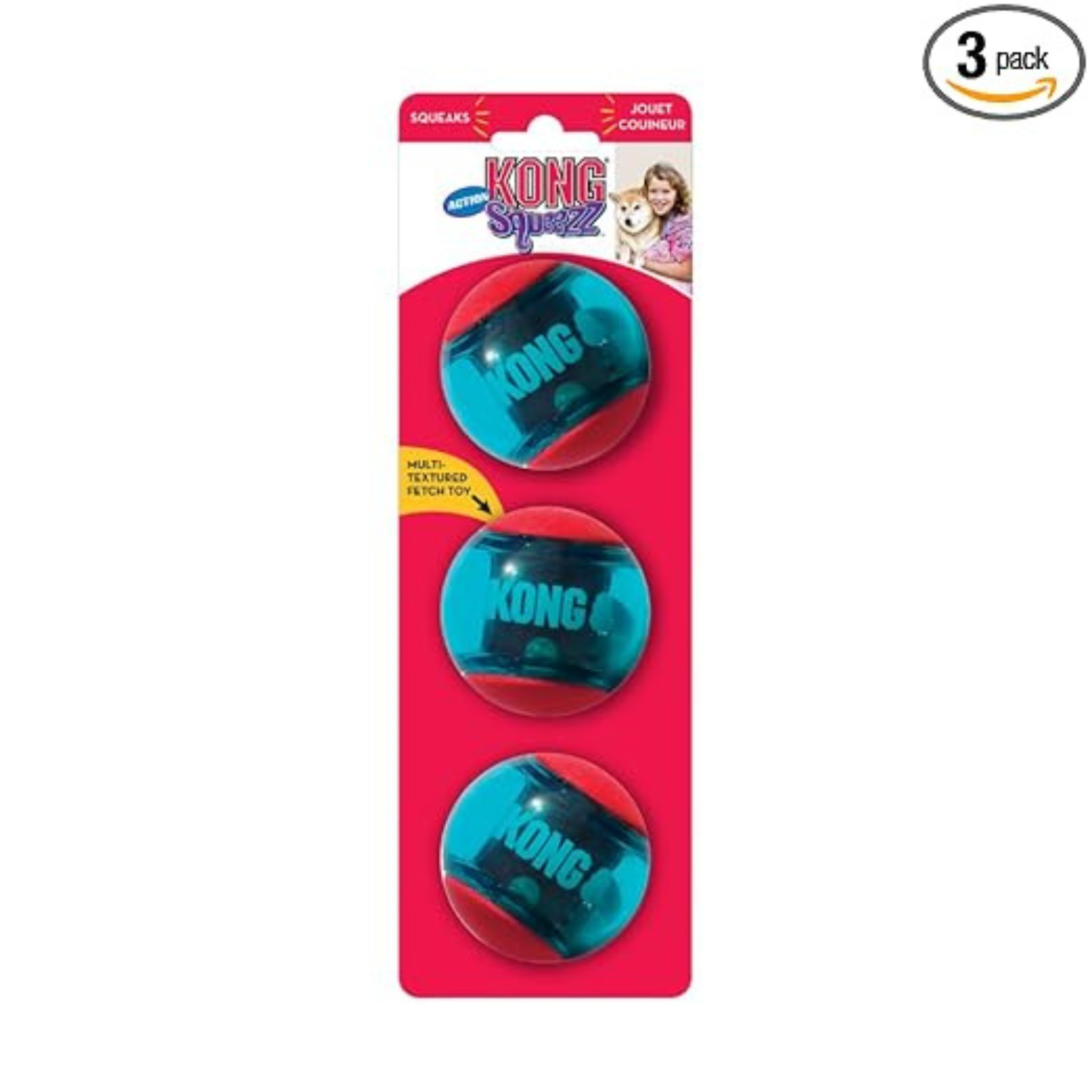 KONG Squeezz Action Ball – Bouncy, Textured & Squeaky Dog Toy - Pack of 3