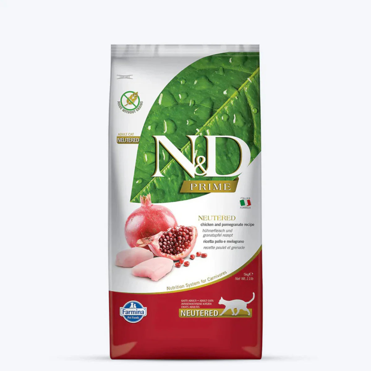 Farmina N&D Chicken & Pomegranate Prime Neutered Grain Free Adult Dry Cat Food 5kg with Free Container 30L