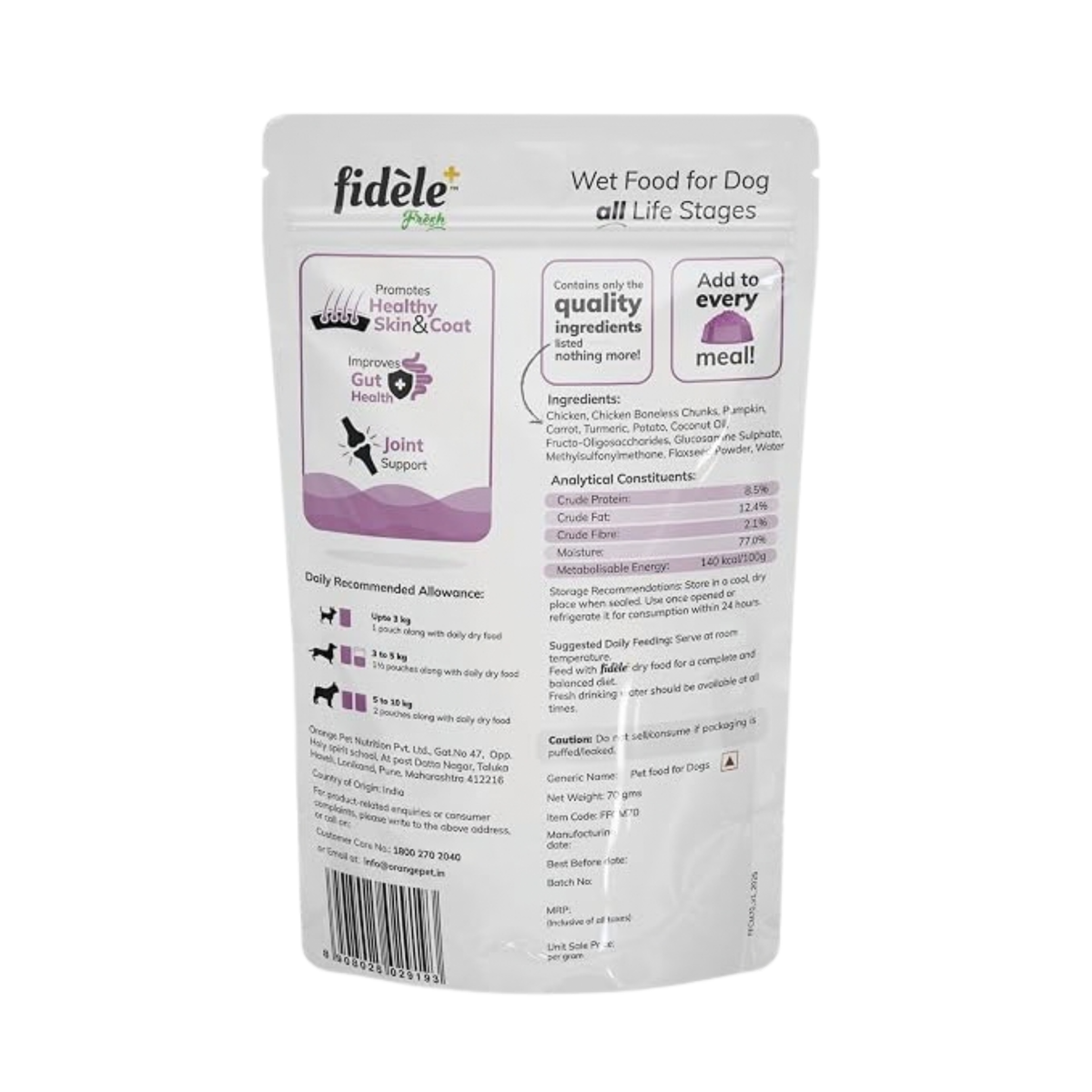 Fidele+ Fresh Chicken Wet Dog Food for Mini Breeds (12x70 g)