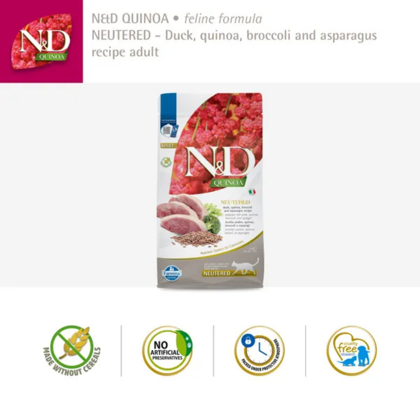 Farmina N&D Quinoa Neutered Adult Cat Dry Food (Duck, Quinao, Broccoli) product image 2 - Rufftail Pune
