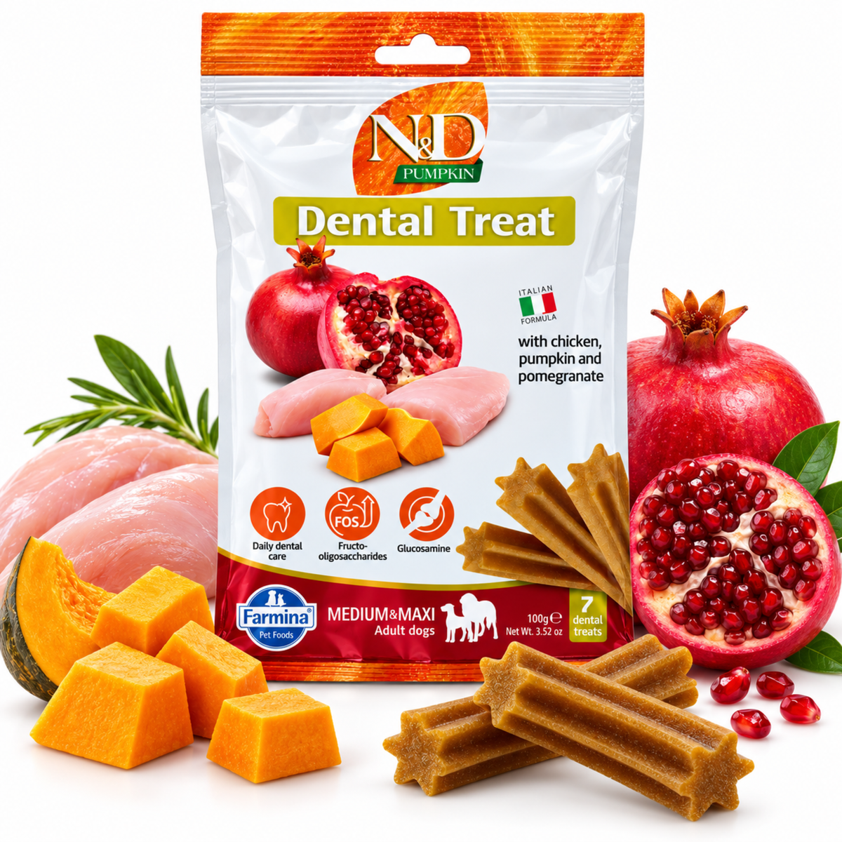 Farmina N&D Medium Maxi Dental Treats with Chicken, Pumpkin & Pomegranate