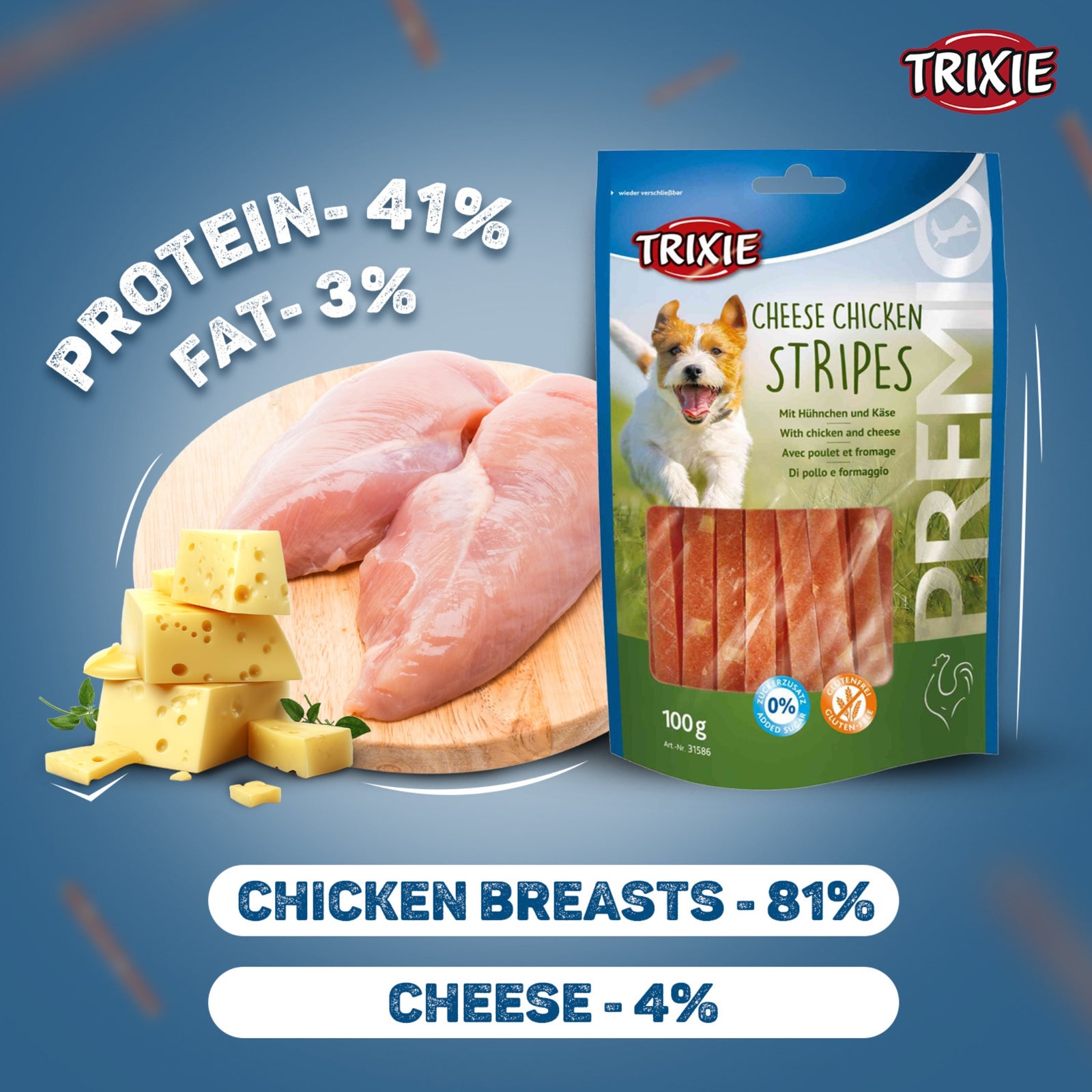 Trixie Dog Treats PREMIO Cheese Chicken Stripes 100g - Rufftail