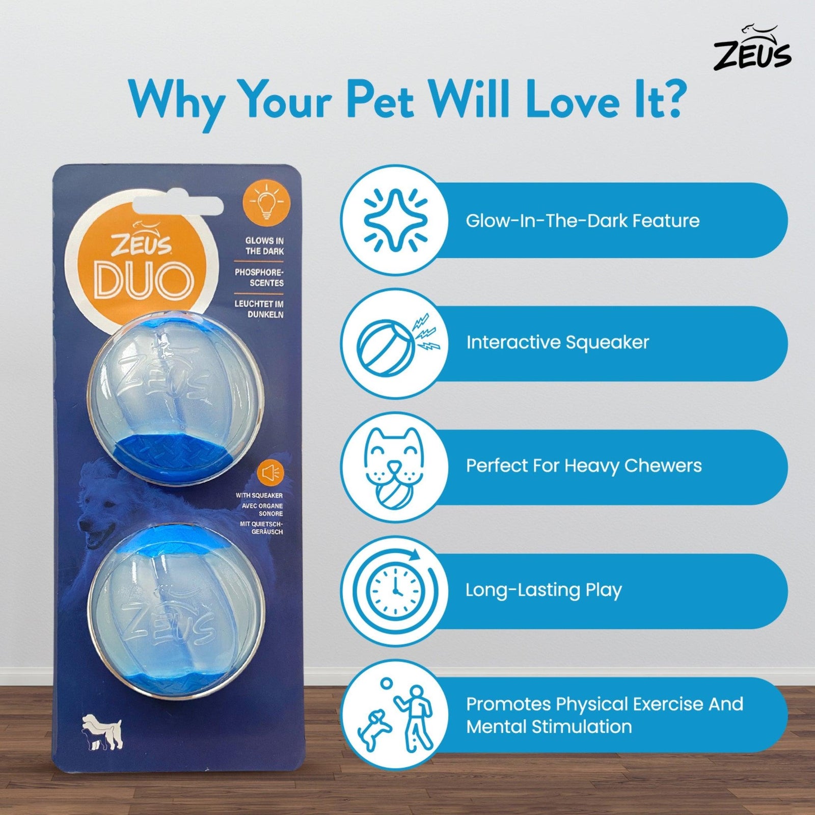 Zeus DUO Ball with Squeaker & Glow for Dogs 2 pk - Rufftail