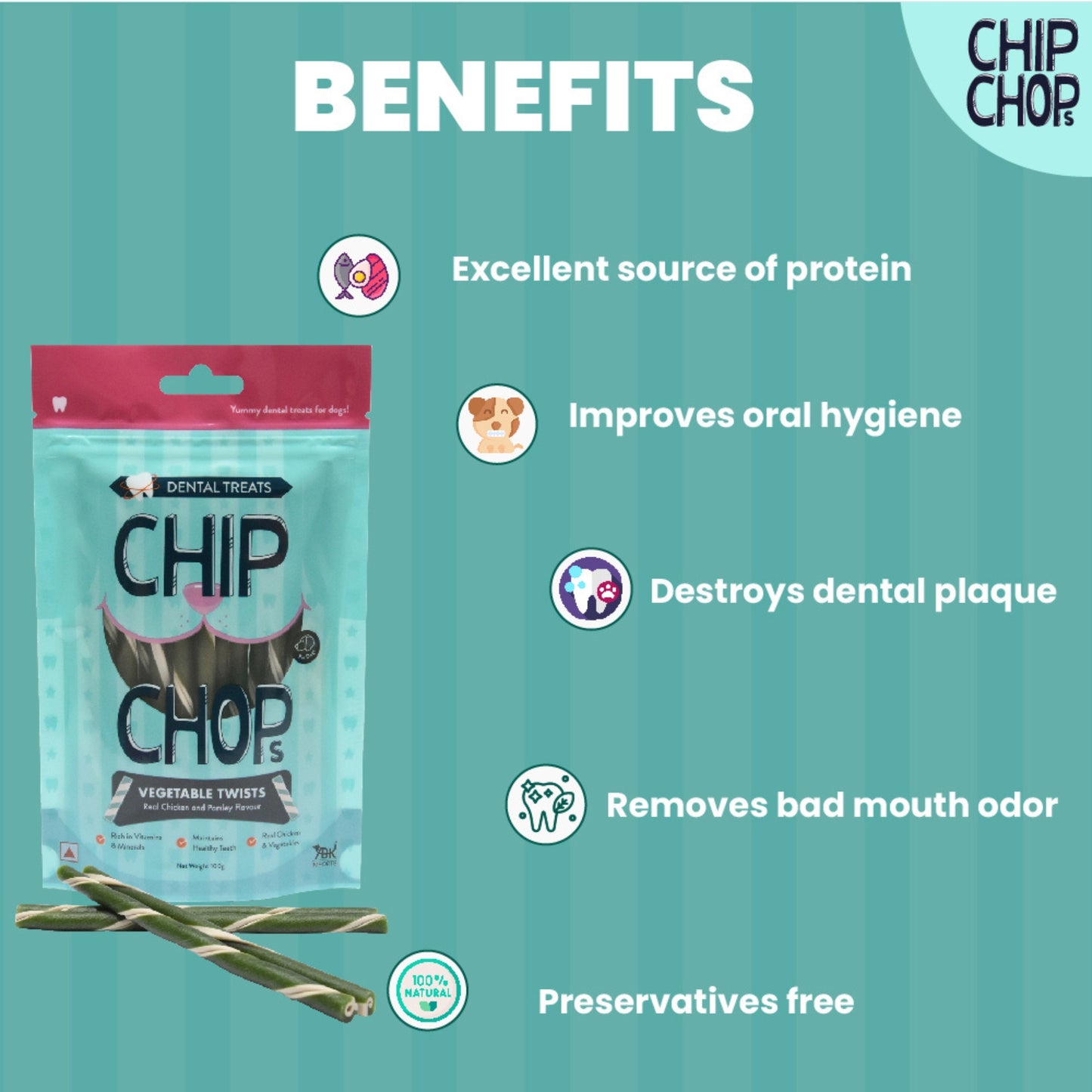 Chip Chops Dental Treats Vegetable Twists Real Chicken and Parsley 100g - Rufftail
