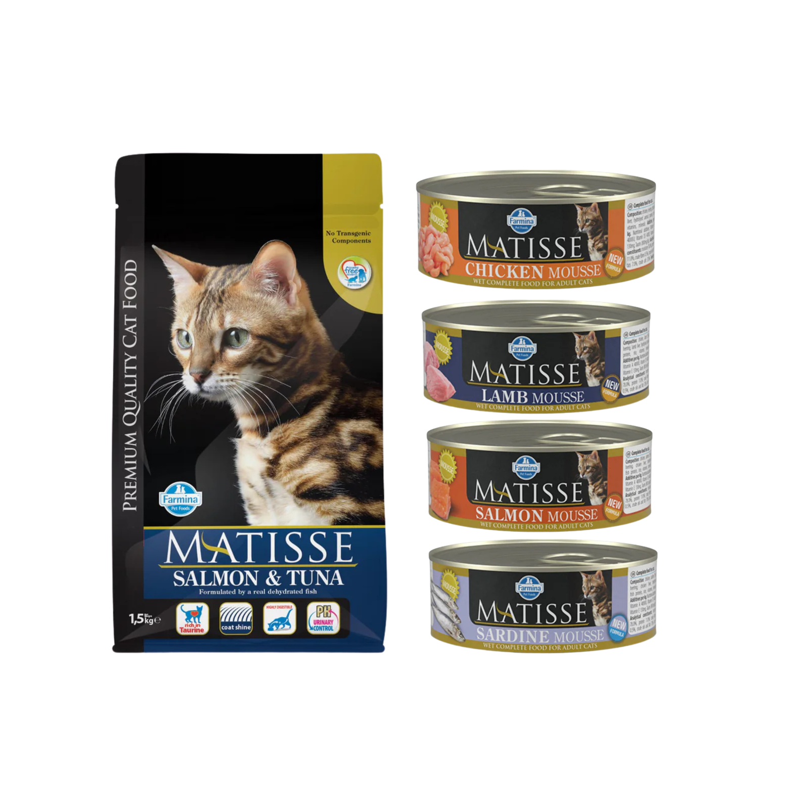 Farmina Matisse Wet & Dry Food Combo (Salmon & Tuna 1.5kg + Assorted 4 Cans) - Rufftail Pune
