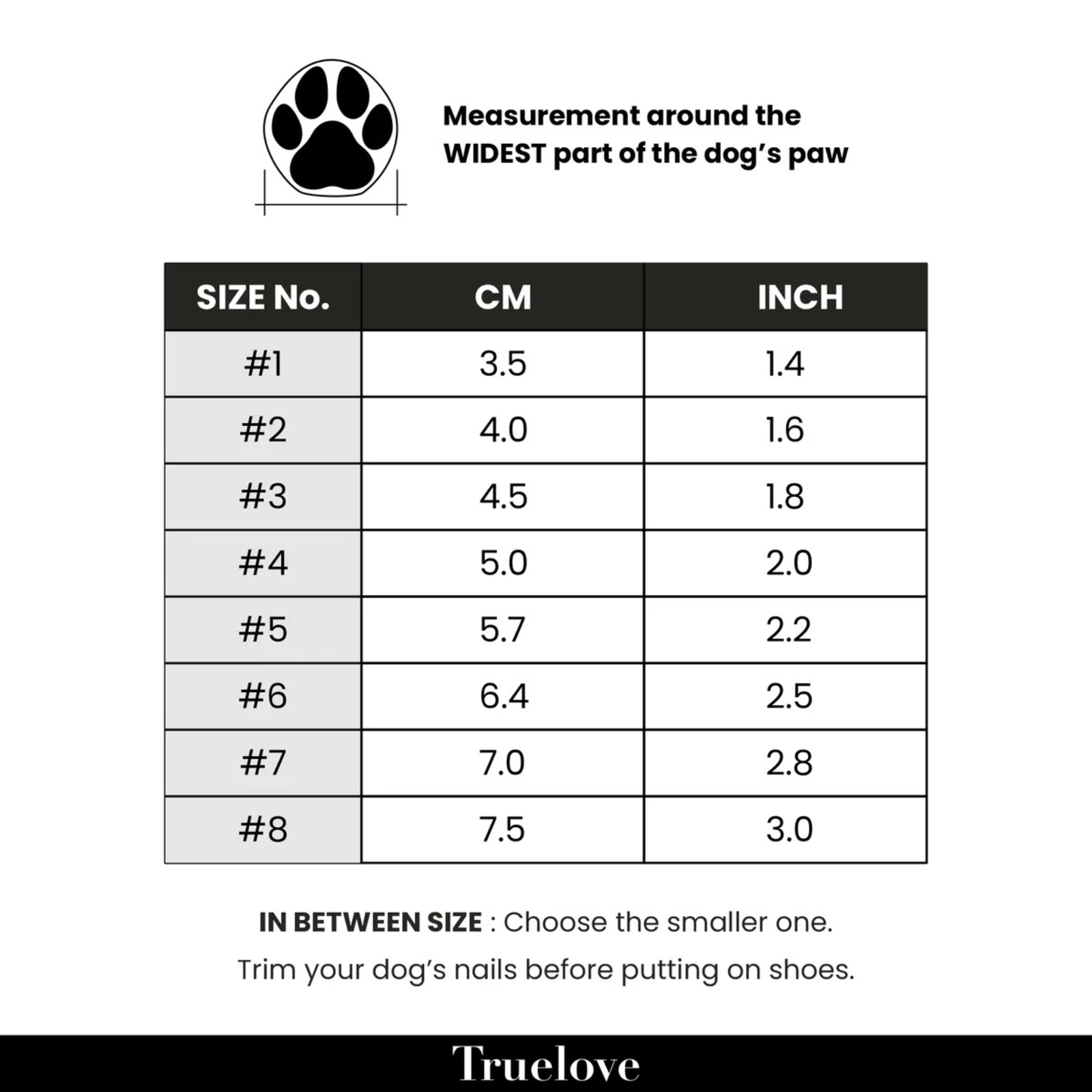 Truelove All Weather Dog Shoes paw size chart - Rufftail Pune