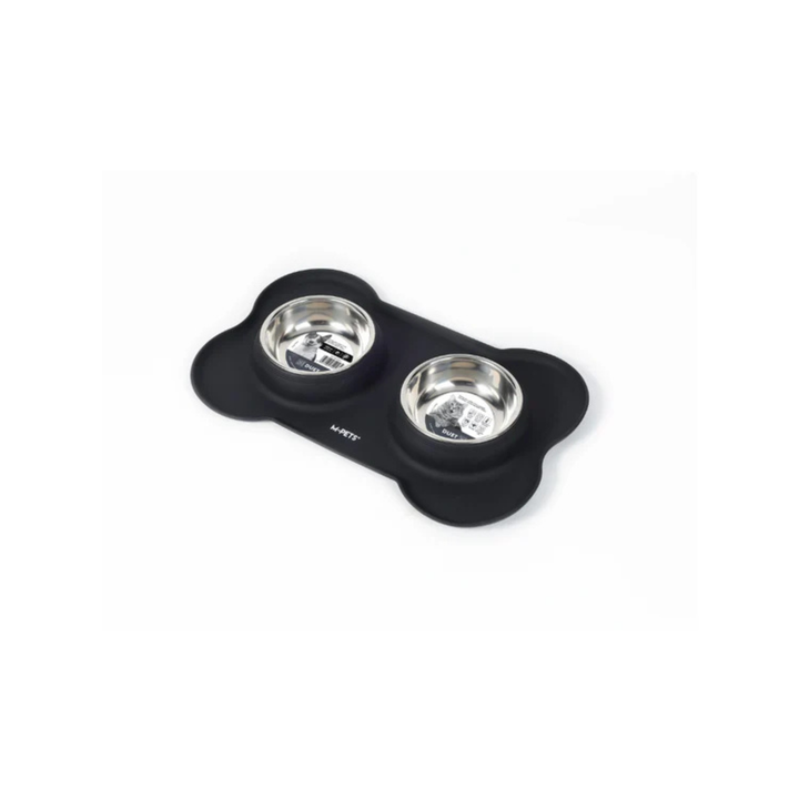 M-Pets DUET Stainless Bowls With Silicone Mat- Black - Rufftail Pune