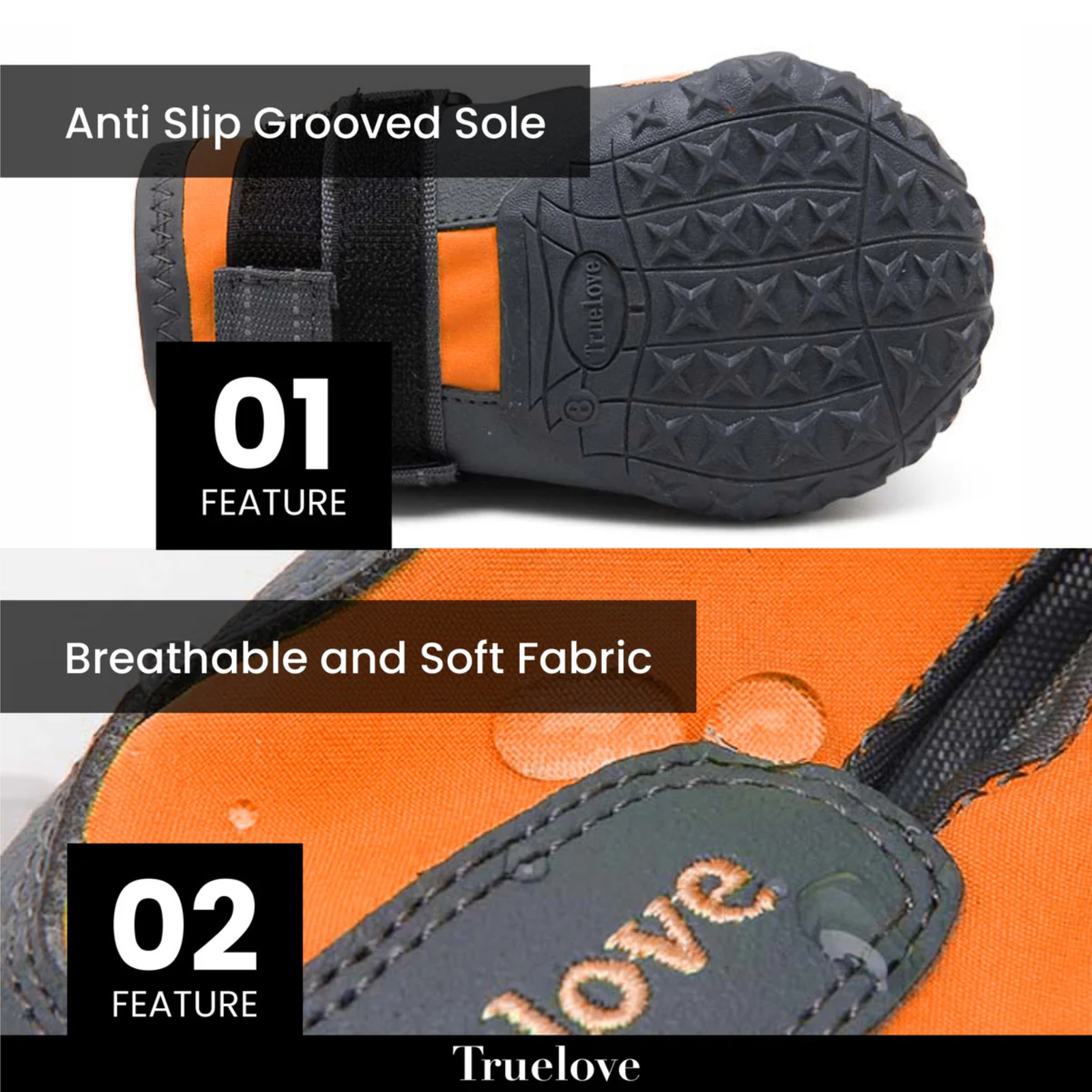 Truelove All Weather Dog Shoes orange anti slip sole infographic - Rufftail Pune