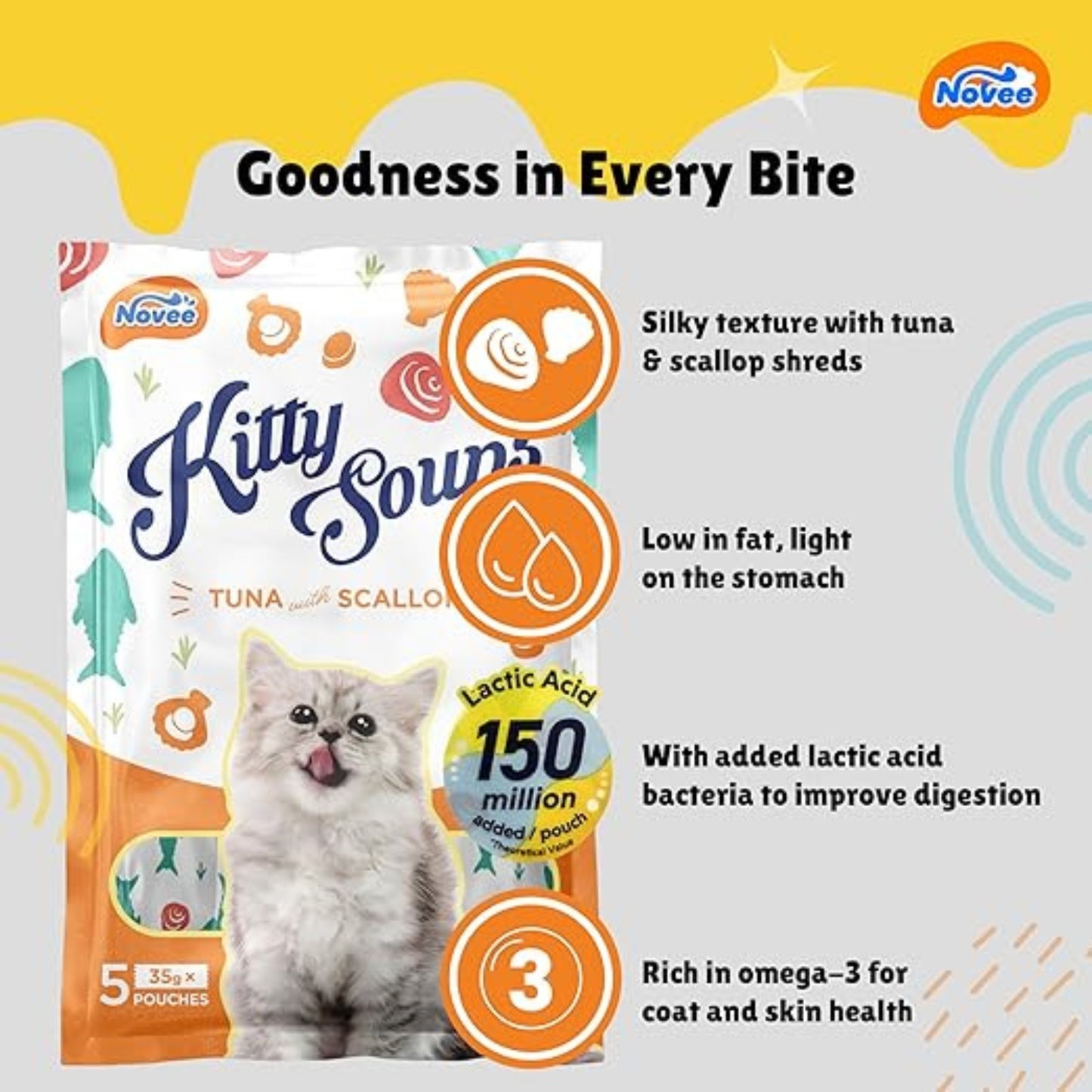 Novee Kitty Soups Tuna with Scallop for Cats -  5 Tubes x (Each 35 G)