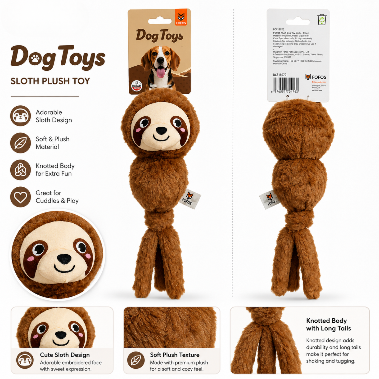 FOFOS Plush Dog Toy - Sloth