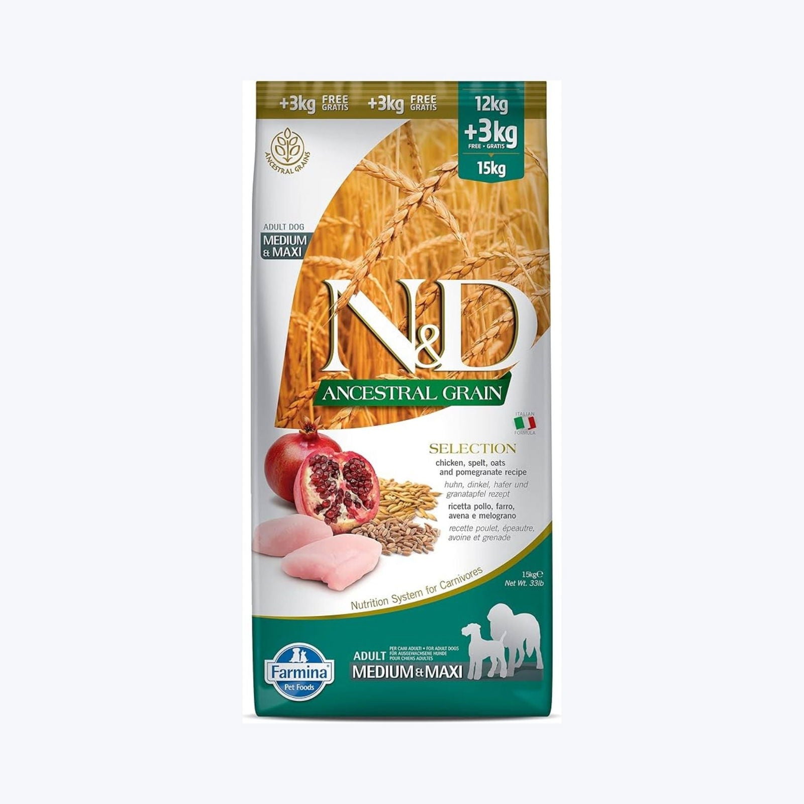 Image showcasing Farmina N&D Ancestral Grain Chicken & Pomegranate Dog Food 15kg – Rufftail