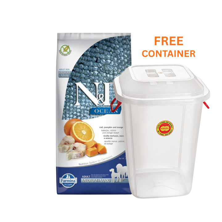 Farmina N&D Ocean Codfish, Pumpkin & Orange Recipe Adult Medium & Maxi Adult Dry Dog Food 12 kg With Free Container 30 L