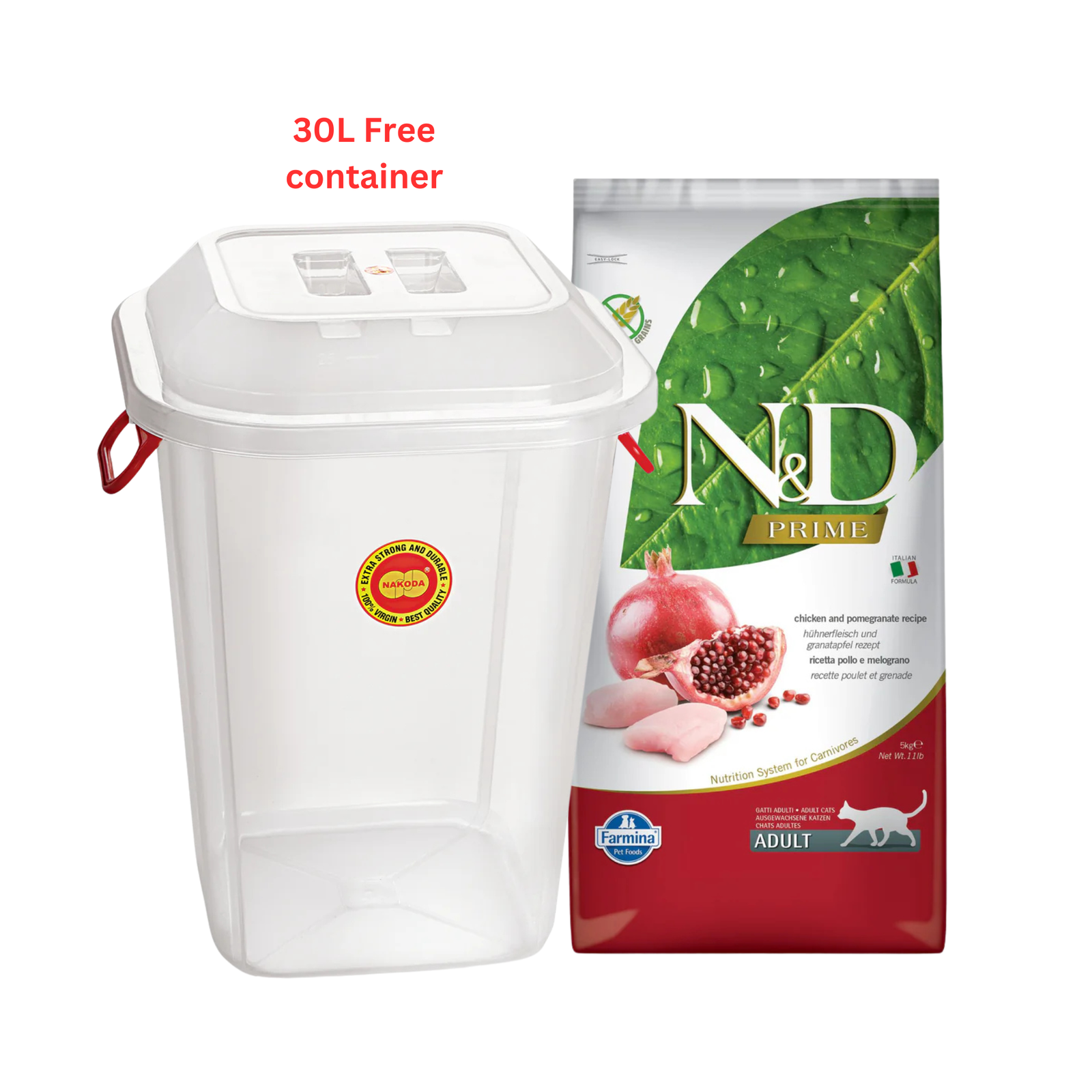 Farmina N&D PRIME Chicken & Pomegranate Adult Dry Cat Food 5kg with Free Container 30 L