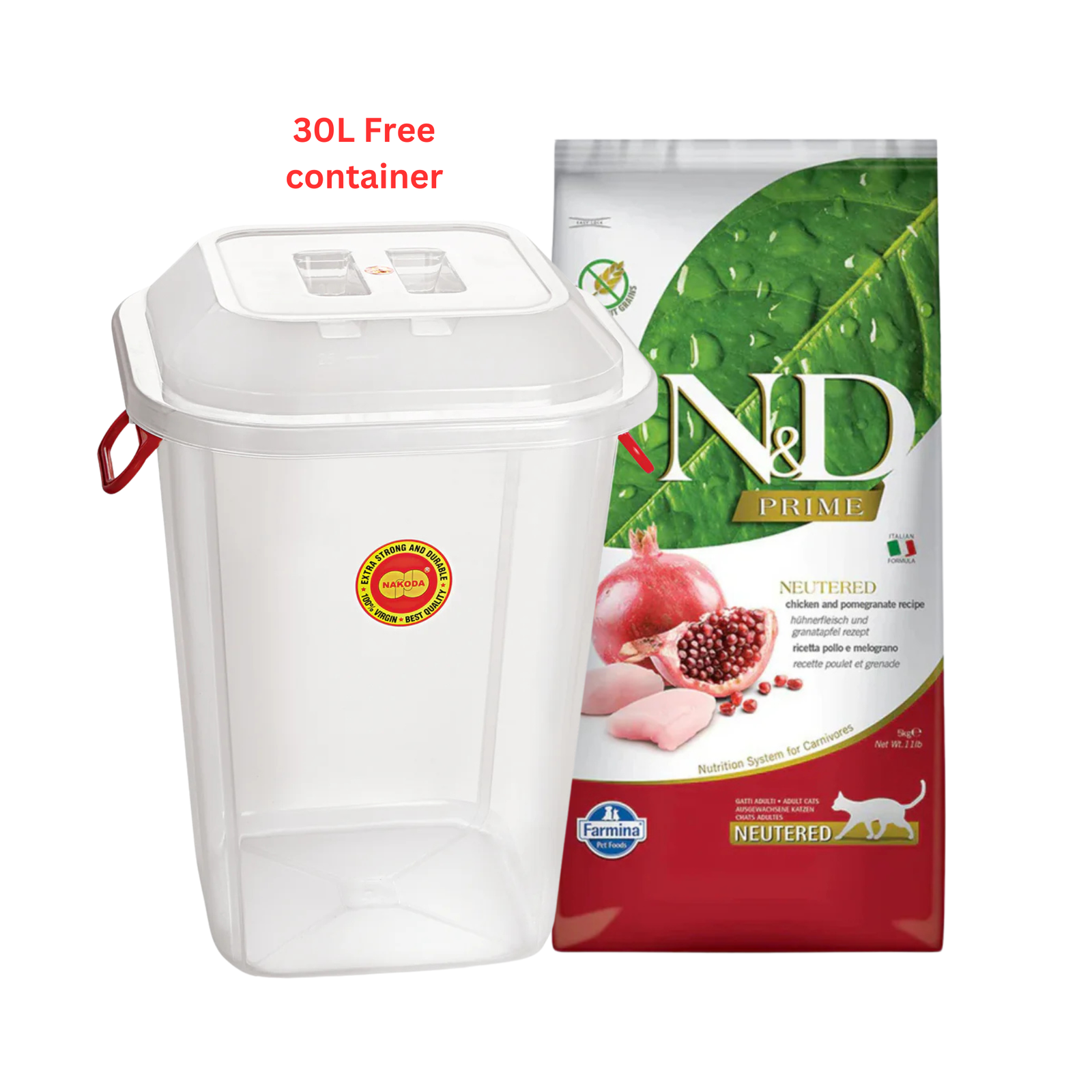 Farmina N&D Chicken & Pomegranate Prime Neutered Grain Free Adult Dry Cat Food 5kg with Free Container 30L