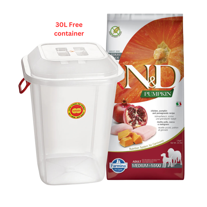 Farmina N&D Pumpkin Chicken & Pomegranate Adult Medium & Maxi Dry Dog Food 12kg with Free Container 30L