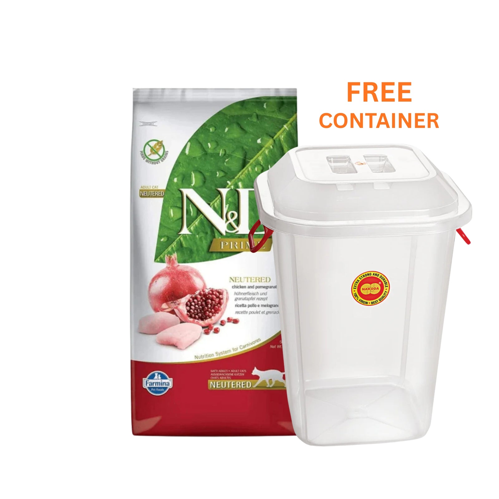 Farmina N&D Chicken & Pomegranate Prime Neutered Adult Dry Cat Food With Free Container (Grain Free 5Kg)