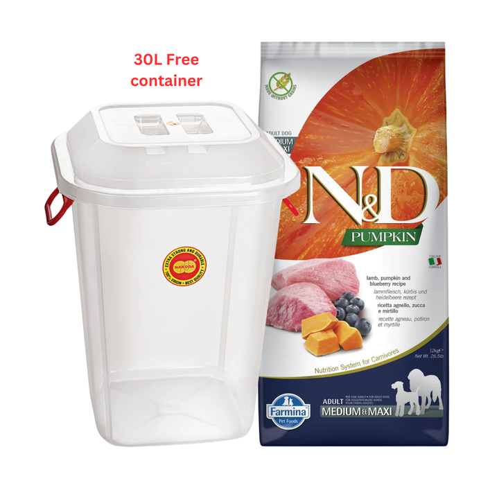 Farmina N&D Pumpkin Lamb & Blueberry Medium & Maxi Adult Dry Dog Food 12kg with Free Container 30L