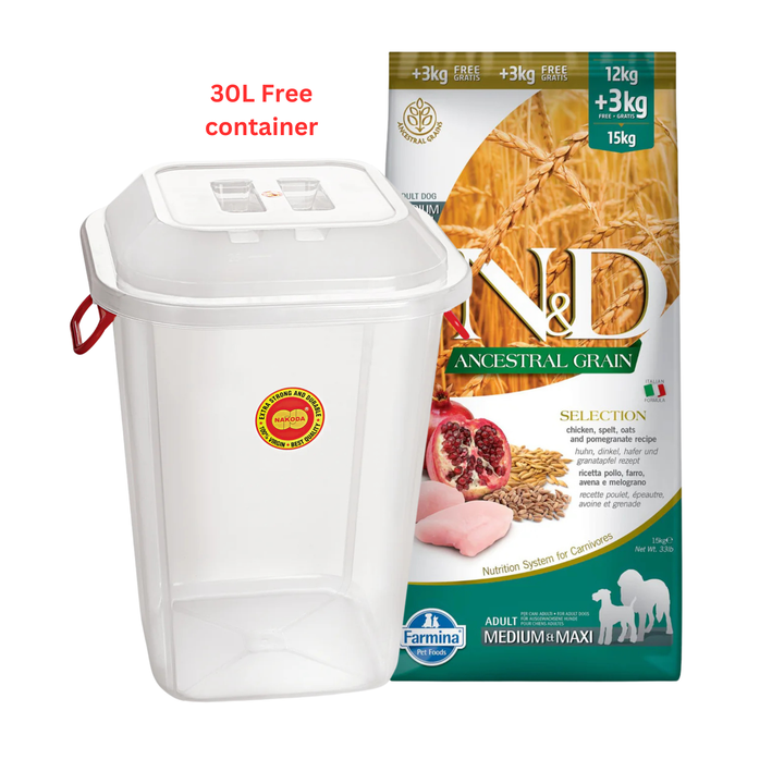 Farmina N&D Ancestral Grain Medium & Maxi Chicken, Spelt, Oats & Pomegranate Dry Dog Food - 15kg With Free 30L Container