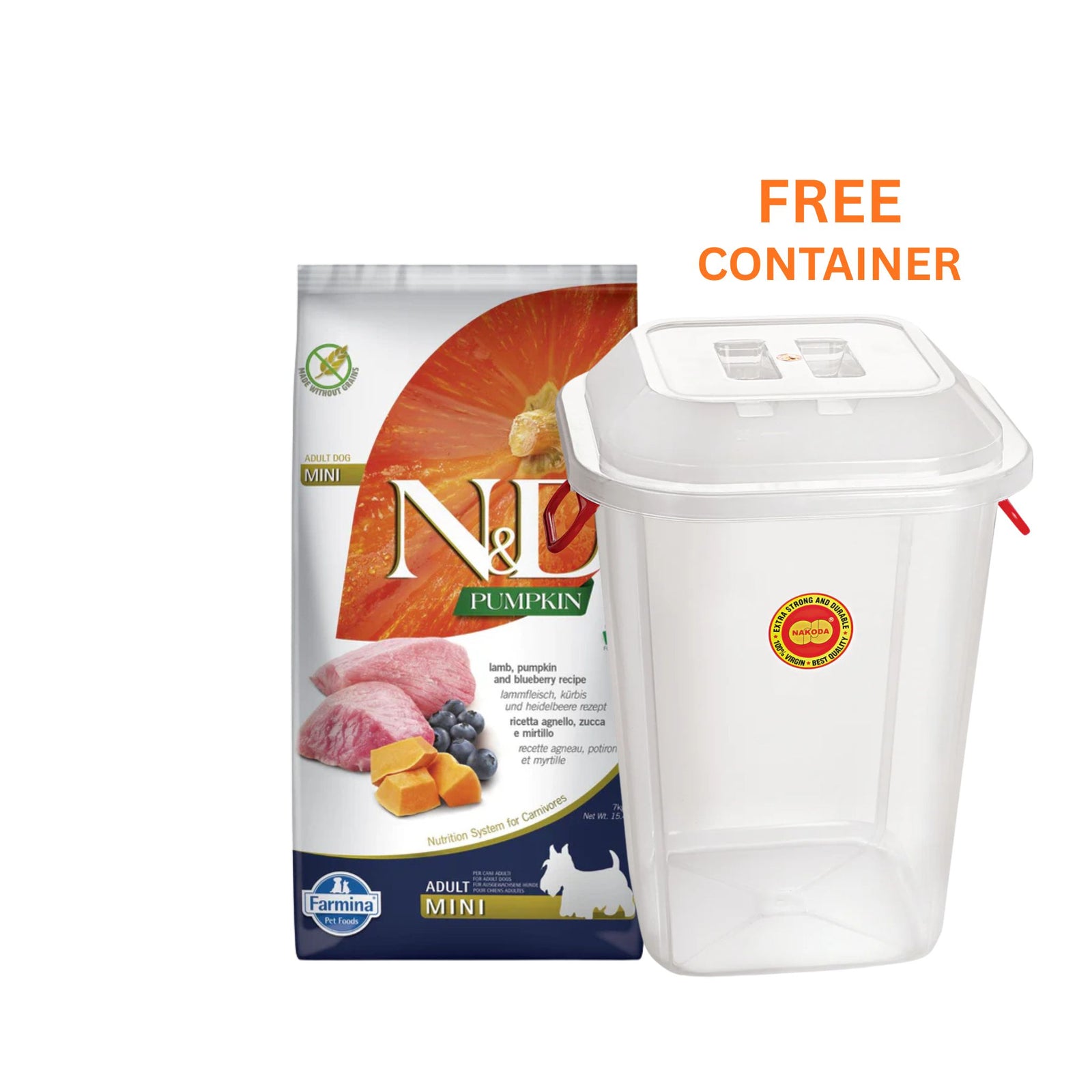 Farmina N&D Pumpkin Lamb & Blueberry Mini Adult Dry Dog Food With Free Container (Grain Free 7kg)