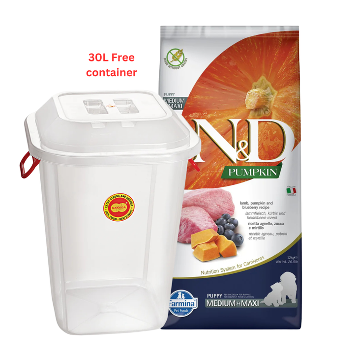 Farmina N&D Puppy Medium & Maxi lamb, Pumpkin & Blueberry Dry Dog Food 12 kg With Free Container 30L