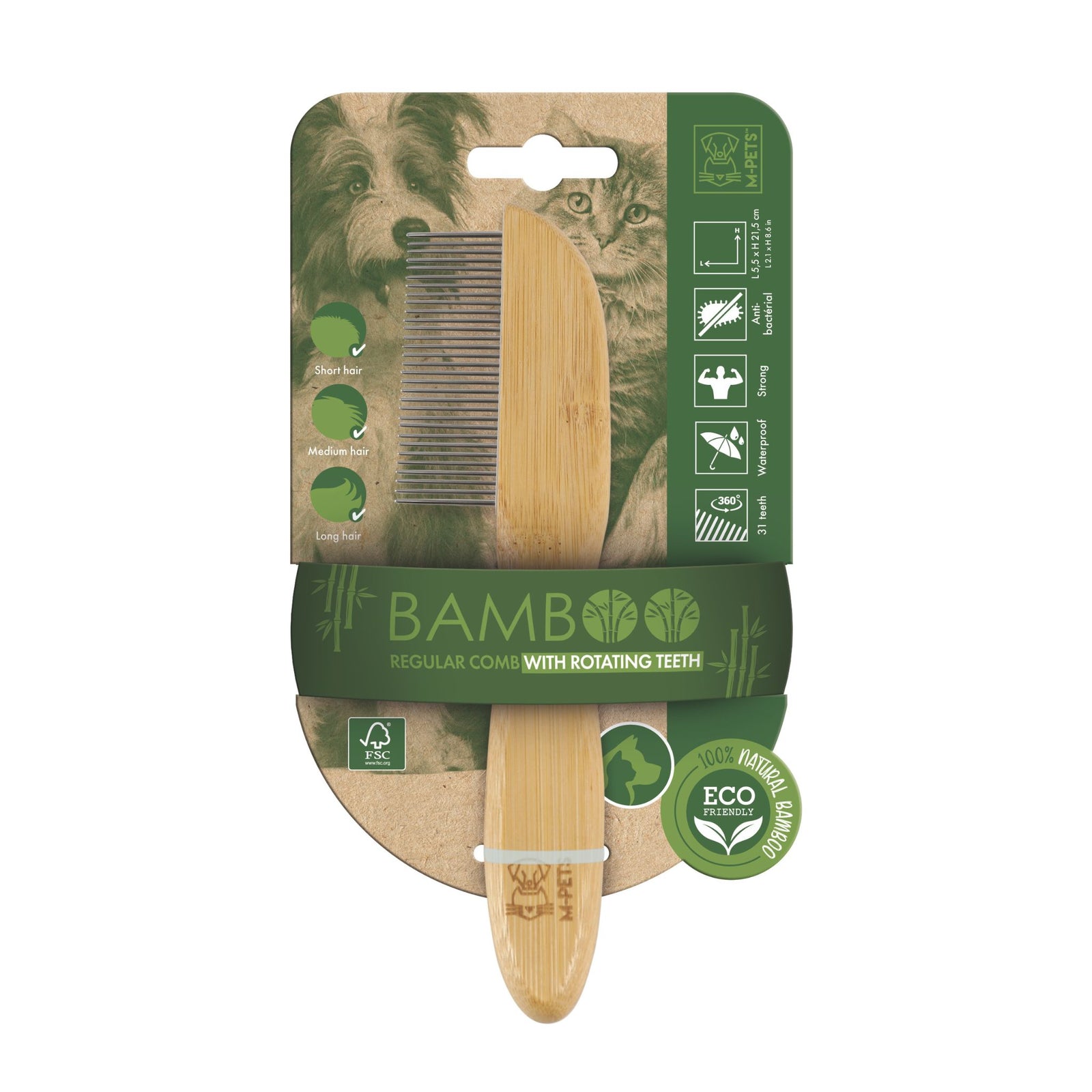 M-PETS Bamboo Regular Comb With Rotating Teeth - 31 Teeth For Pets - Rufftail