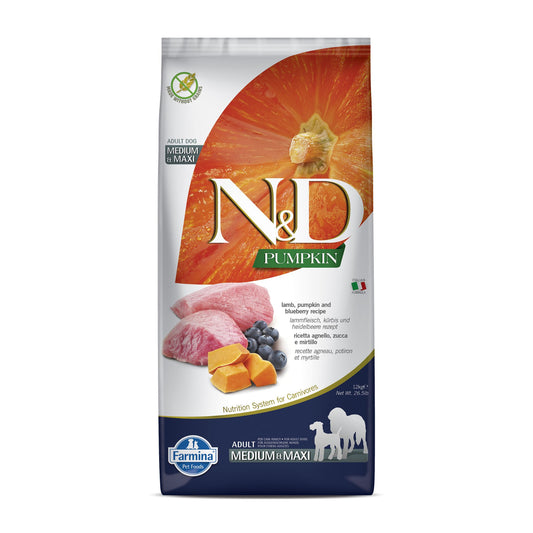 Farmina N&D Pumpkin Lamb & Blueberry Medium & Maxi Breed Adult Dry Dog Food 12kg (Grain Free)