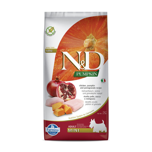 Farmina N&D Pumpkin Chicken & Pomegranate Grain Free Mini Breed Adult Dry Dog Food (7kg)