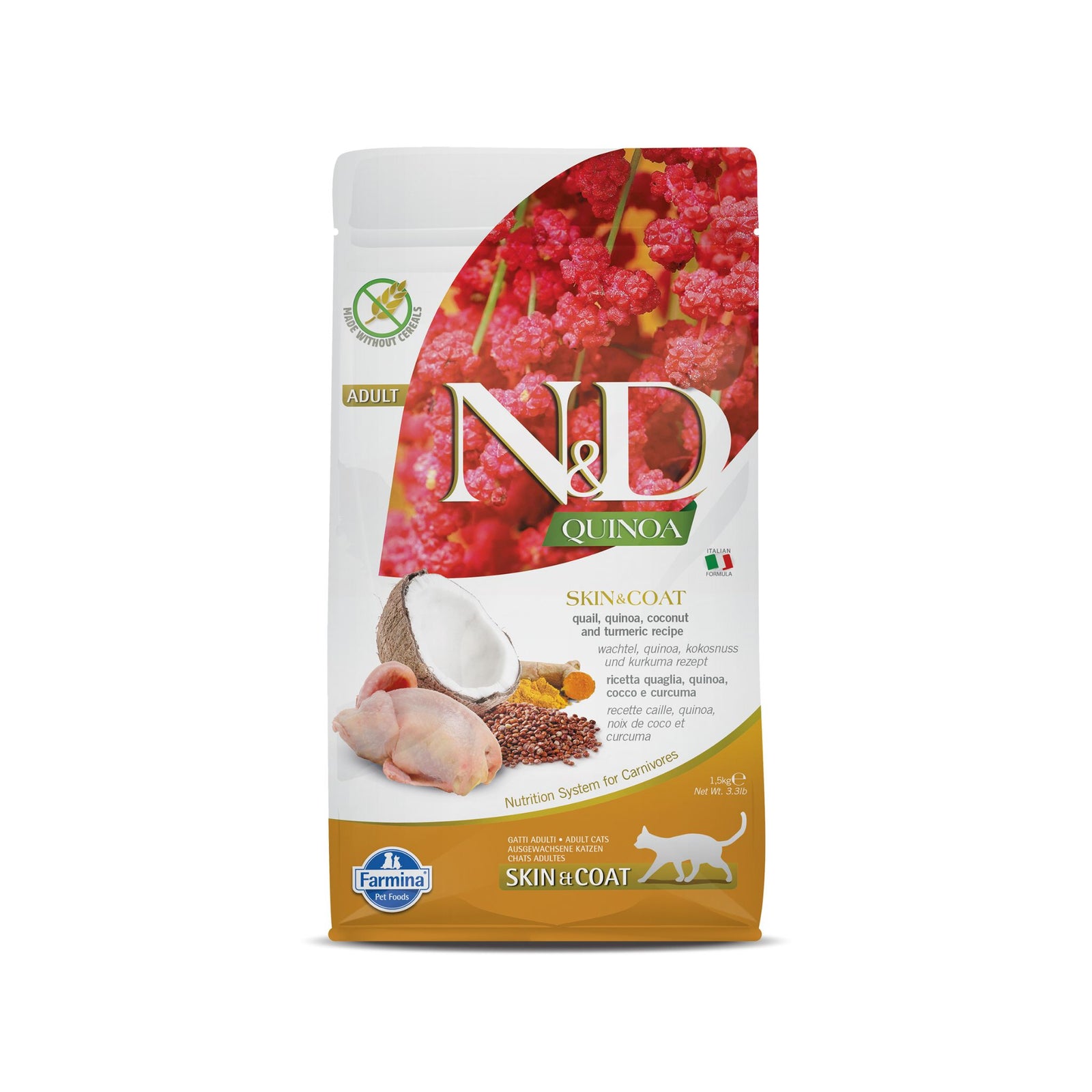 FARMINA N&D Quinoa Skin & Coat Cat Dry Food Grain Free (Quail, Coconut & Turmeric ) Adult Cat - Rufftail