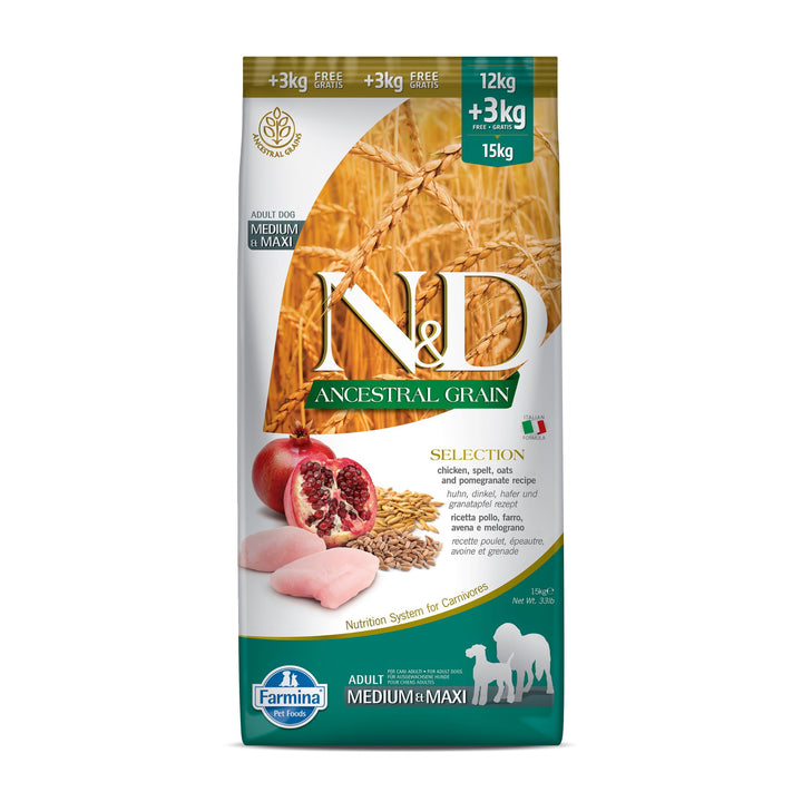Farmina N&D Ancestral Grain adult Medium & Maxi Chicken, Spelt, Oats & Pomegranate Dry Dog Food (12+3 kg) - Rufftail